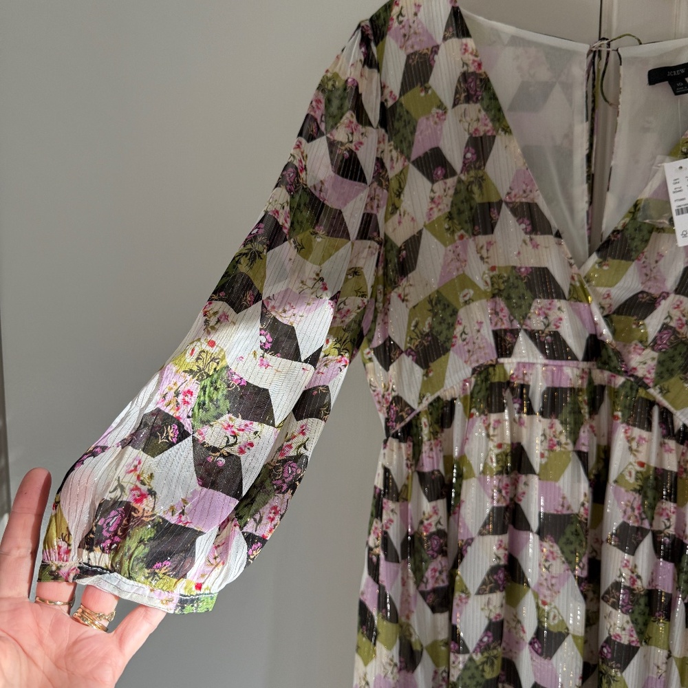 NWT J.Crew Chiffon Metallic Thread Patchwork Print Midi Dress size 10
